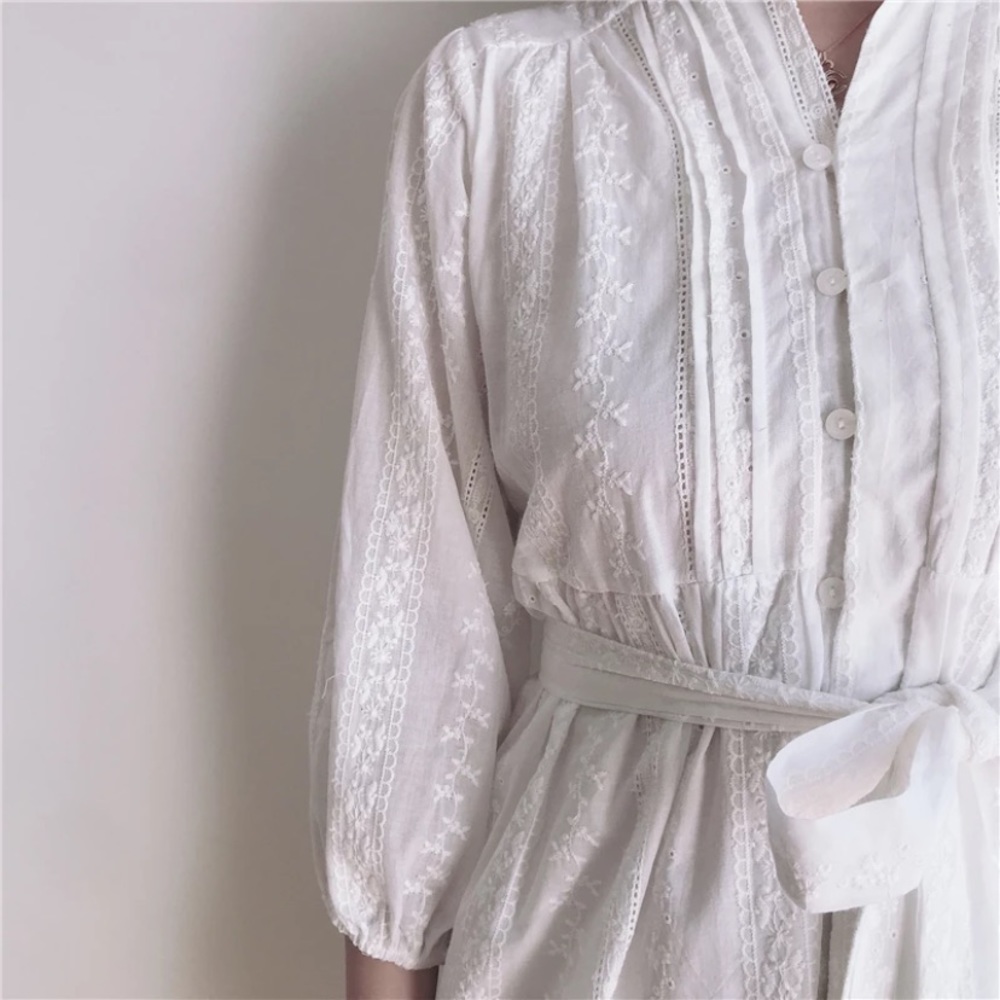 SOLD OUT White Button Up Ruffle Embroidered Floral Dress - Picture 11 of 12